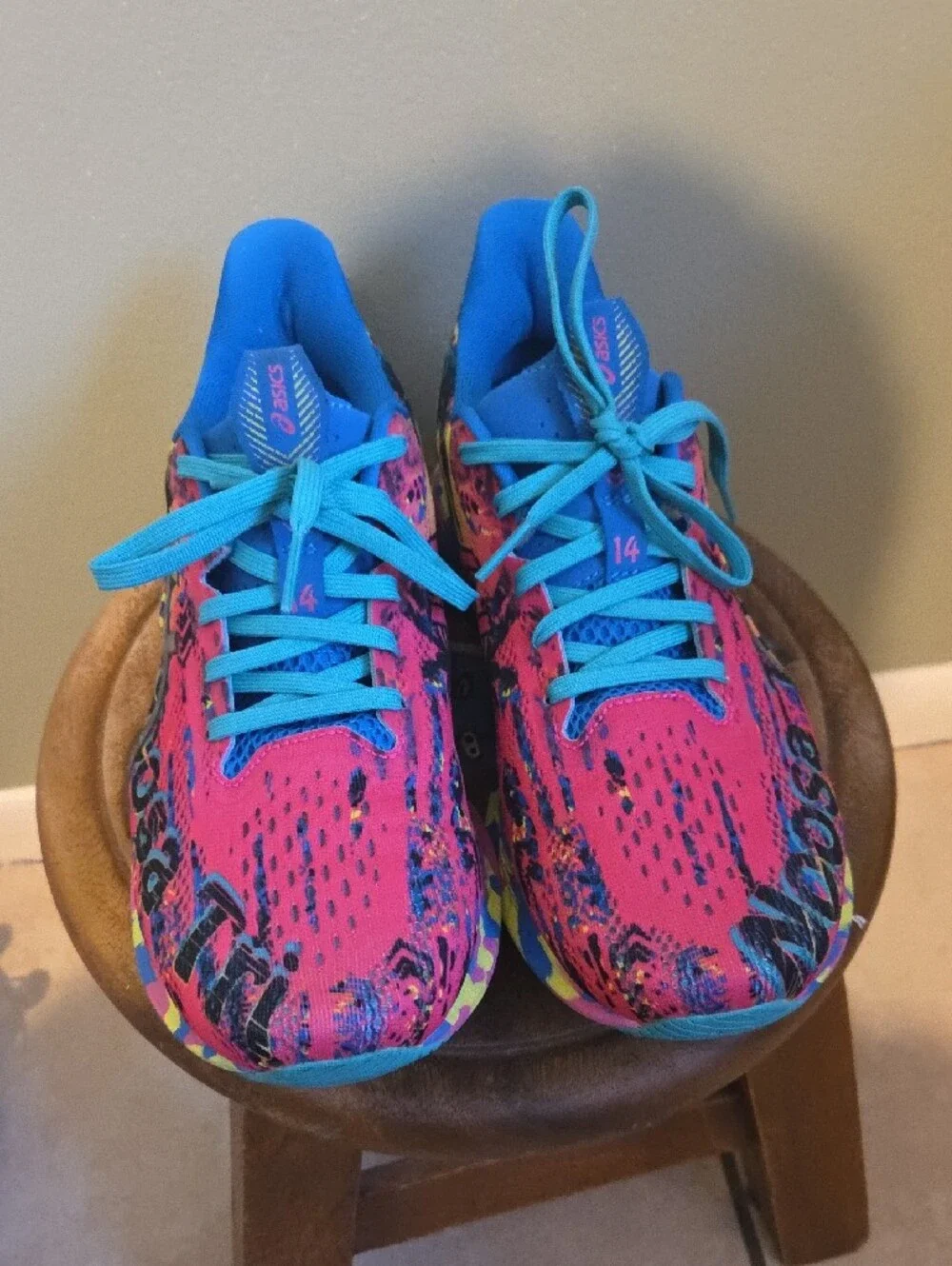 ASICS Women's Neon Pink and Blue Athletic Running Shoes - Picture 3 of 6